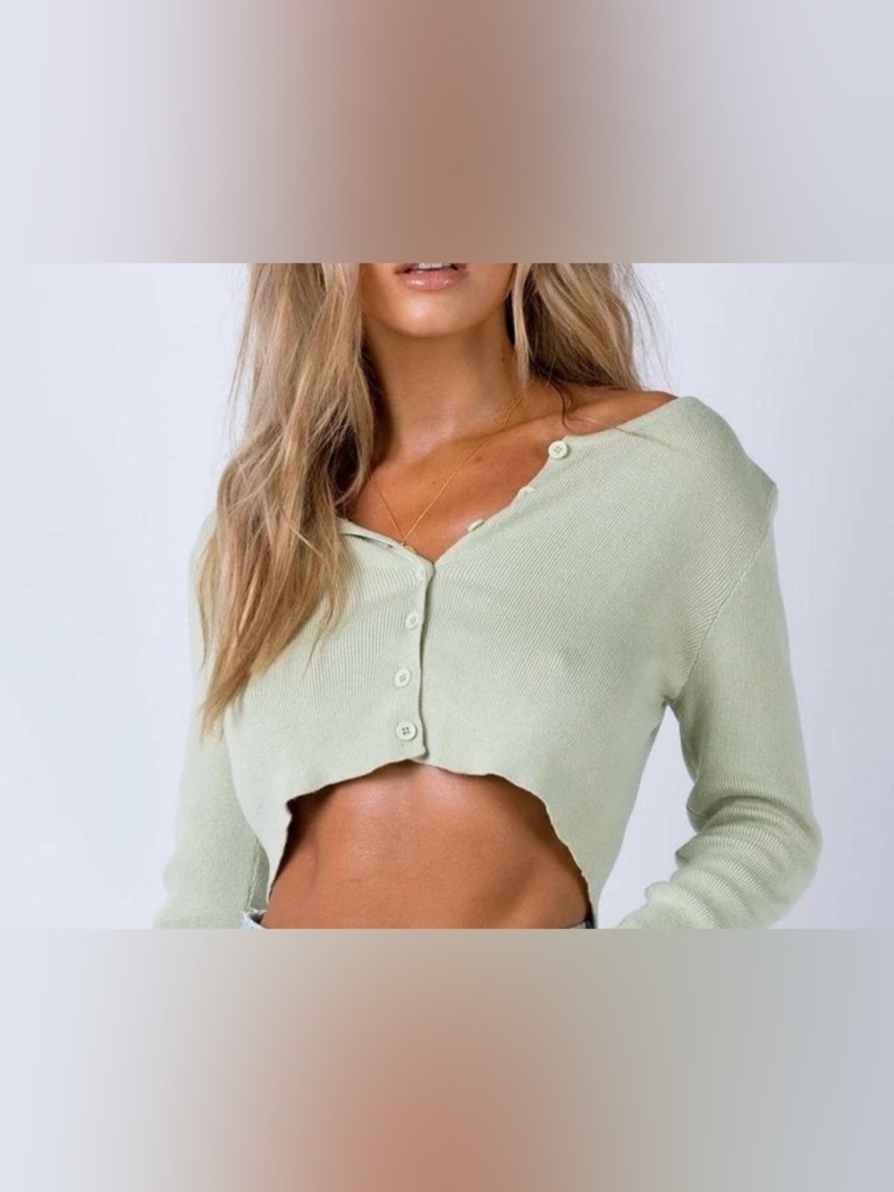 Princess Polly Cropped Ribbed Cardigan Sage Green Button Front Size 0‎